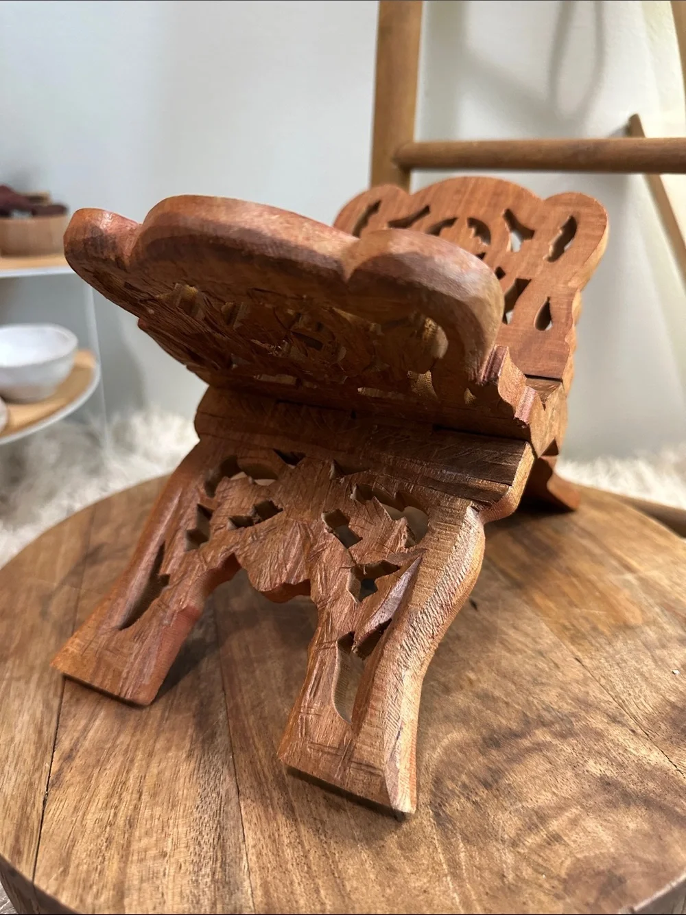Carved Wooden Small Folding Book Stand Boho